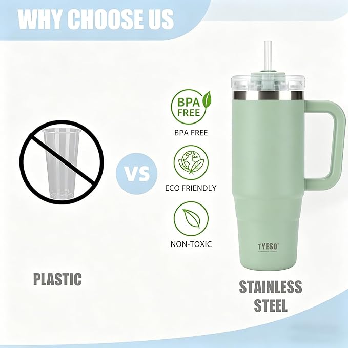 TYESO Vacuum Insulated Tumbler Water Bottle Cold Insulation Stainless Steel Bottle Straw Handle Mug Double Wall Wide Mouth (LIGHT GREEN, 40 oz)