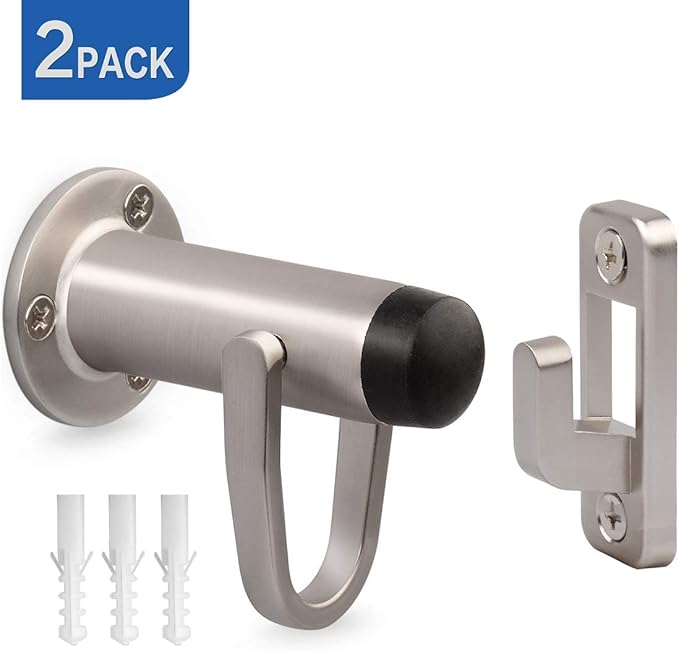 HOMOTEK 2 Pack Heavy Duty Door Stopper with Manual Hook Windproof,Door Holder Stop with Sound Dampening Rubber Bumper Wall Mounted, Brushed Satin Nickel