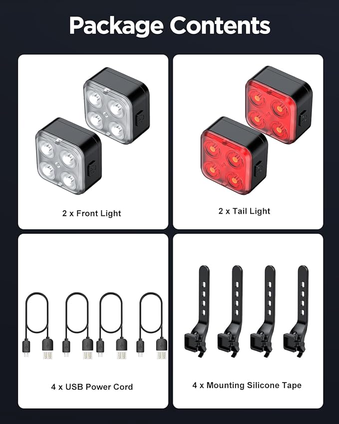 Akale Bike Lights Set, Rechargeable Bicycle Lights Front and Rear, 4 Light Mode Options, Bike Headlight, IPX4 Waterproof, Easy to Install for Men Women Road ( 2 Pack )