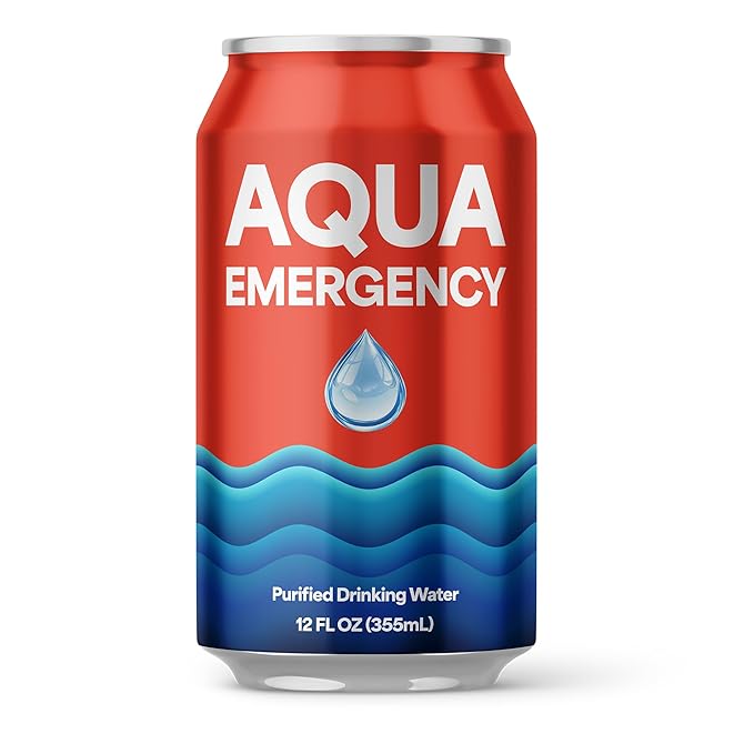 Aqua Emergency Drinking Canned Water- (24 Cans) 12 fl Oz (50 Years) Shelf Life for Everyday Hydration, Emergency, Survival Use-Purified via Reverse Osmosis | Plant-Based, BPA Free, Eco-Friendly Packaging, Made in USA-1 Case