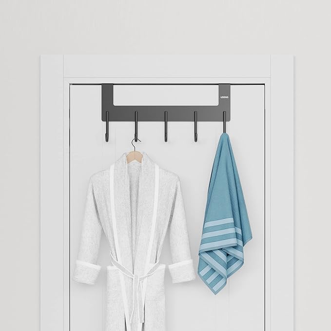 Over Door Hanger, Metal Over The Door Hook Rack with 5 Hooks, Towel Rails for Hanging Towel Robe Coat Bathroom Bedroom Grey