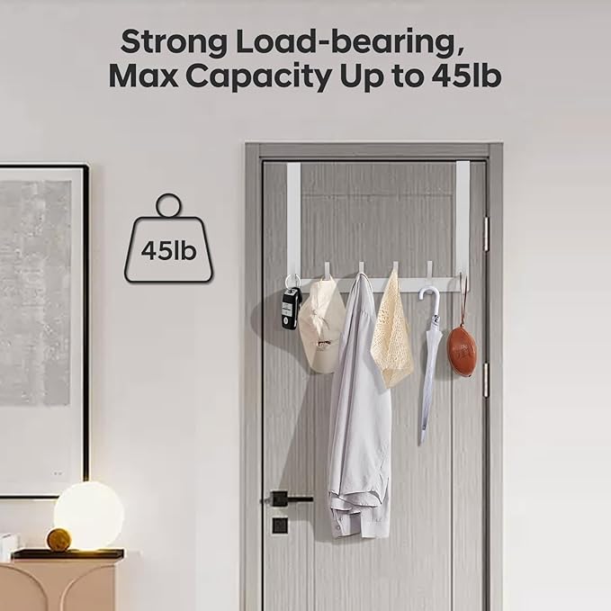 Over The Door Hooks - NO NAIL over door hanger holder,NO ASSEMBLY REQUIRED large over the door towel rack with 12 hooks, heavy duty hooks for bathroom,bedroom,kitchen,hanging towels,coats (White)
