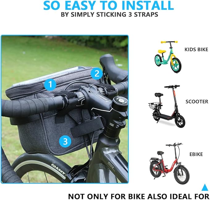 Bike Handlebar Bag with Rain Cover, Shoulder Strap, Bike Basket Front with Phone Holder 6.8", Road Mountain Bicycle Pouch for Kids Men Women