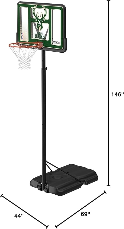 Lifetime NBA Milwaukee Bucks Portable Basketball Hoop, Adjustable Height 7.5-10 Ft, 44 Inch Shatterproof Fusion Backboard, Base with Wheels