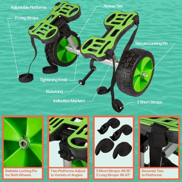 Kayak Cart - 140lb Capacity Canoe Dolly with Airless Tires, Aluminum Frame, and Straps for Small Watercraft - Kayak Accessories by RAD Sportz (Green)
