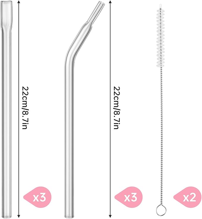 NiHome 6PCS Reusable 8" Anti-Wrinkle Flat Tip Borosilicate Glass Straws for 14oz & 20oz Stanley Cups, Straight & Bent Set, Reduces Lip Lines, Eco-Friendly, Dishwasher Safe, Non-Toxic Drinking Straws