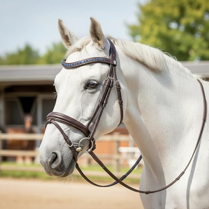 Equine Care Leather English Horse Bridle with Reins, Full Size, Choice of Browband Style, Padded Crown & Cavesson Noseband, Stainless Steel Hardware, Hunter Show Bridle.