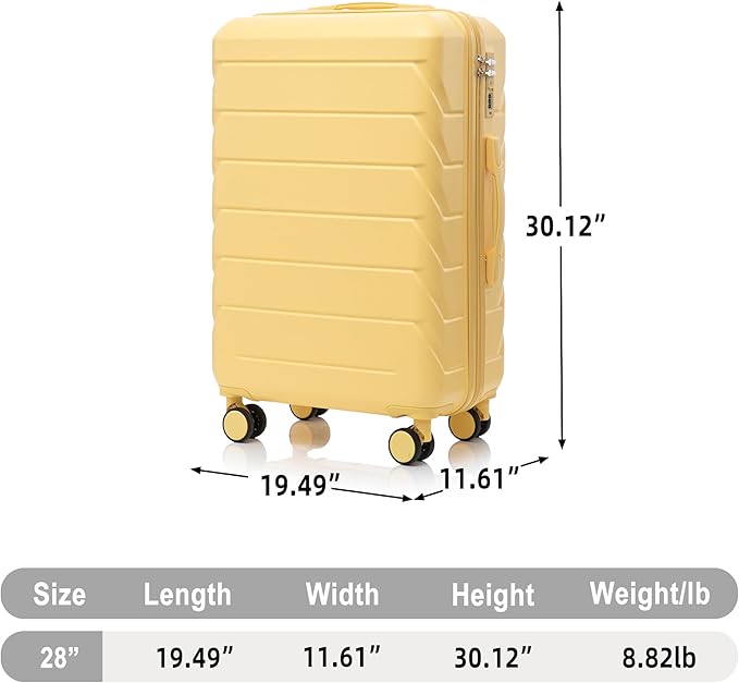 28インチ ABSハードシェル大型スーツケース(TSAロック、サイドフック付)、イエロー
