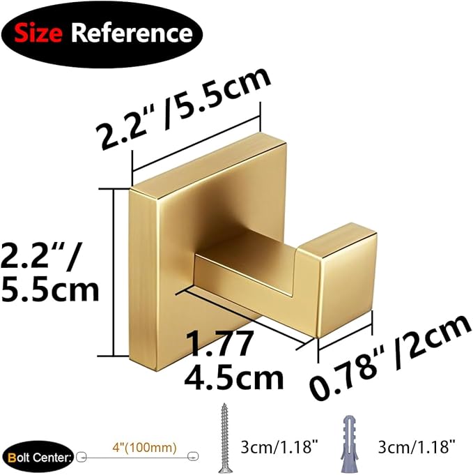 Nolimas Towel Hook Stainless Steel Bathroom Rustproof Clothes Towel Coat Hook Wall Mounted Square Toilet Kitchen, Heavy Duty Door Hanger, 2 Pack, Brushed Gold