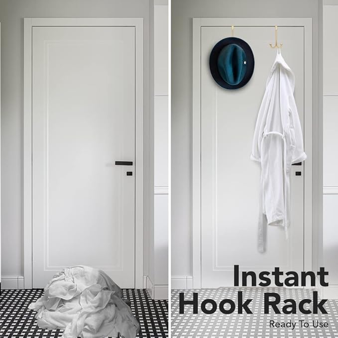 2-Pack Over The Door Hooks - with 2 Hang Heads & Snug Fit Pads Heavy Duty Hook for Hanging Coats, Towels, Caps & Robes - Elegant Matt Finish - No Drill Hanger Organizer - Gold