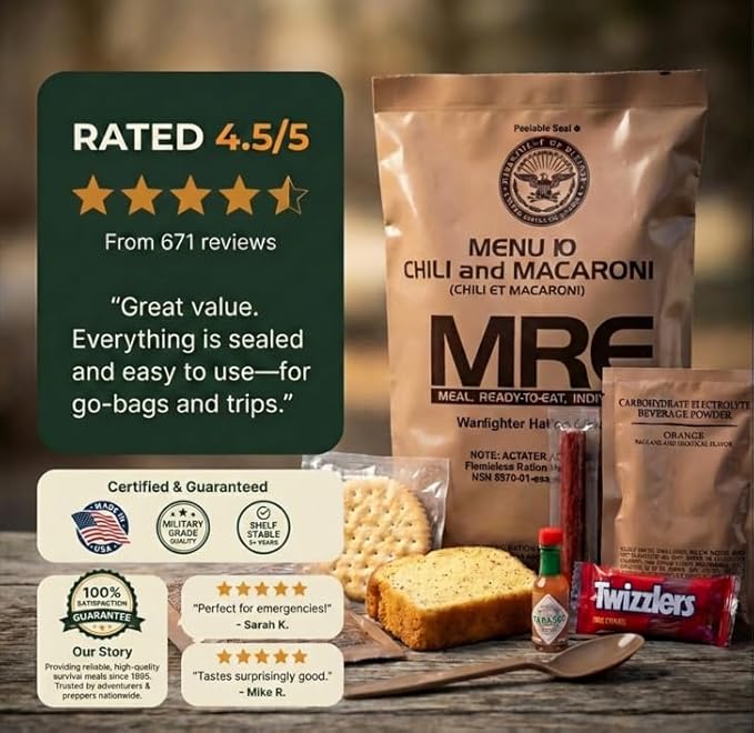 2026 Inspection MRE, U.S. MRE Meals, Emergency Supplies, Emergency Food Supply, Survival Food, Freeze Dried Food w/Flameless Heater, Ready Meals (Variety Pack of 24) – (A & B Case Fresh Stock) MREs have 10 Year Shelf Life From Inspection Date