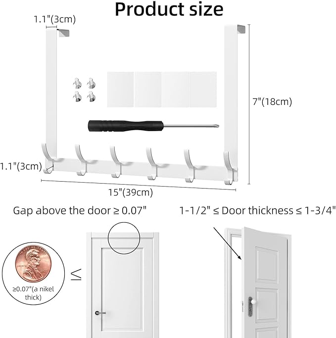 Over Door Hook Rack, White Over The Door Hanger,15 Inch Rail with 6 Hooks, Fits 1.75 Inch Doors(1Pack)