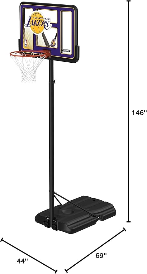 Lifetime NBA Los Angeles Lakers Portable Basketball Hoop, Adjustable Height 7.5-10 Ft, 44 Inch Shatterproof Fusion Backboard, Base with Wheels