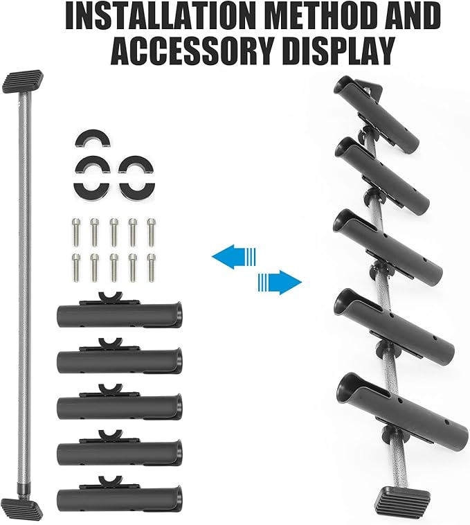 Inshore Rod Holder for Truck Bed, Fixed Truck Bed Fishing Rod Rack, Adjustable Rod Holder for Truck & SUV, Gifts Ideas for Men (Steel Body with Plastic Rod Bracket-Tension Rod, 5 Rod Holder)