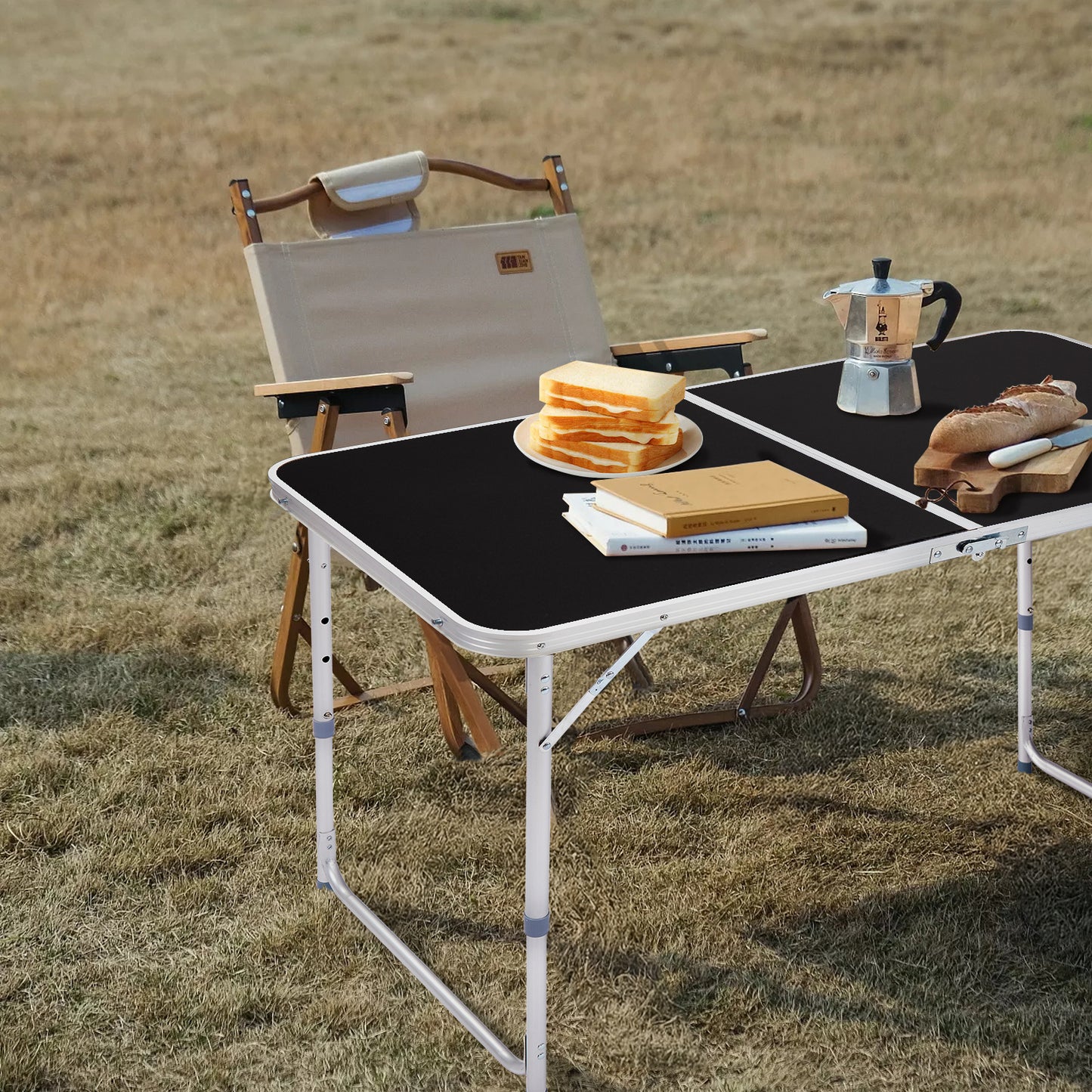 4ft Black Outdoor Folding Table Aluminum Alloy Rectangular 50kg Two Fold Tabletop