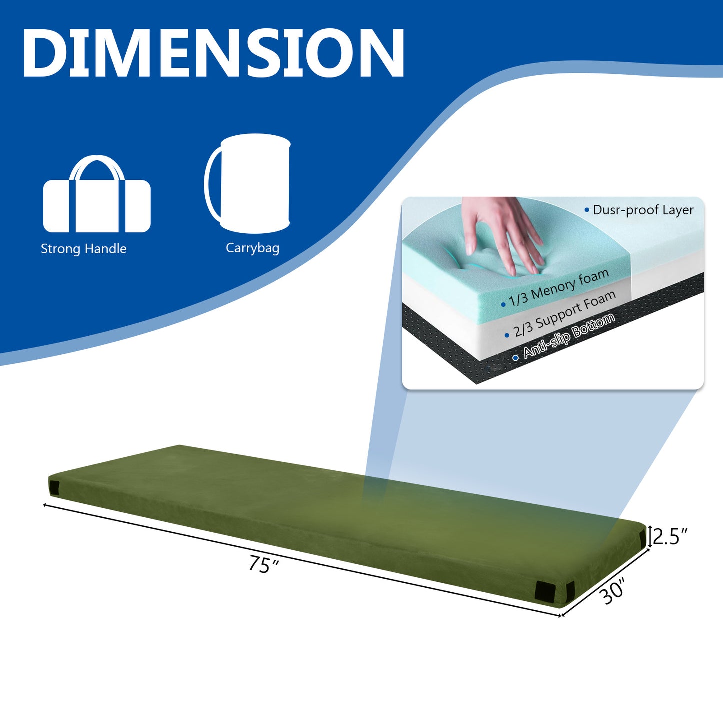 75x30x2.5in, Memory Foam, Army Green, Camping Mattress With Storage Bag