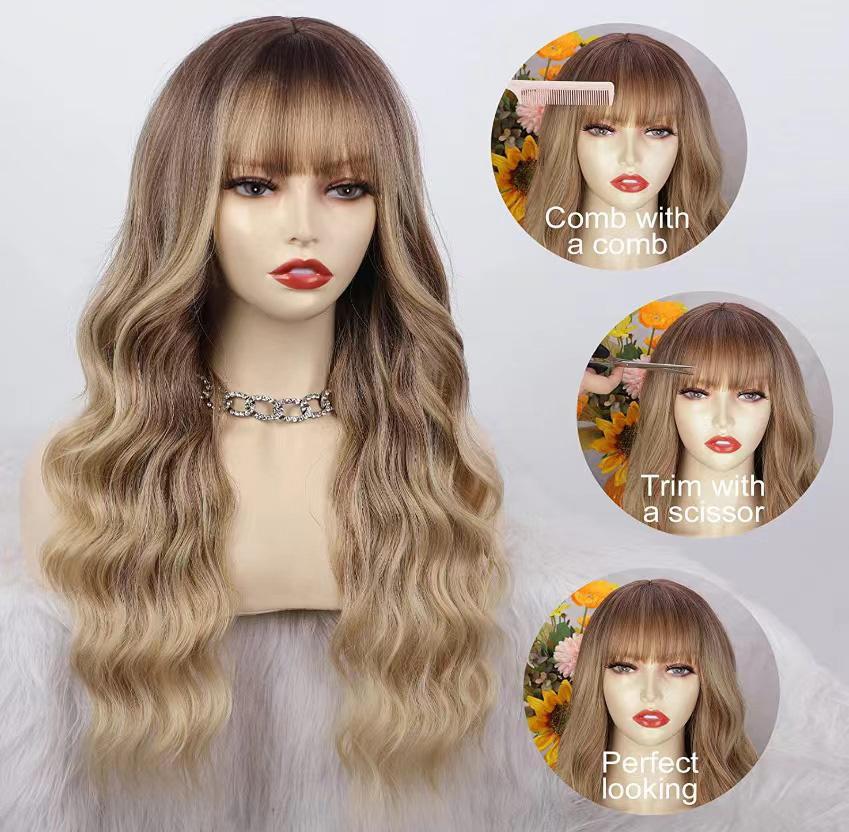26 inch long ash blonde wig with bangs, natural wavy hair - perfect for everyday wear, middle part style bald women hair loss women