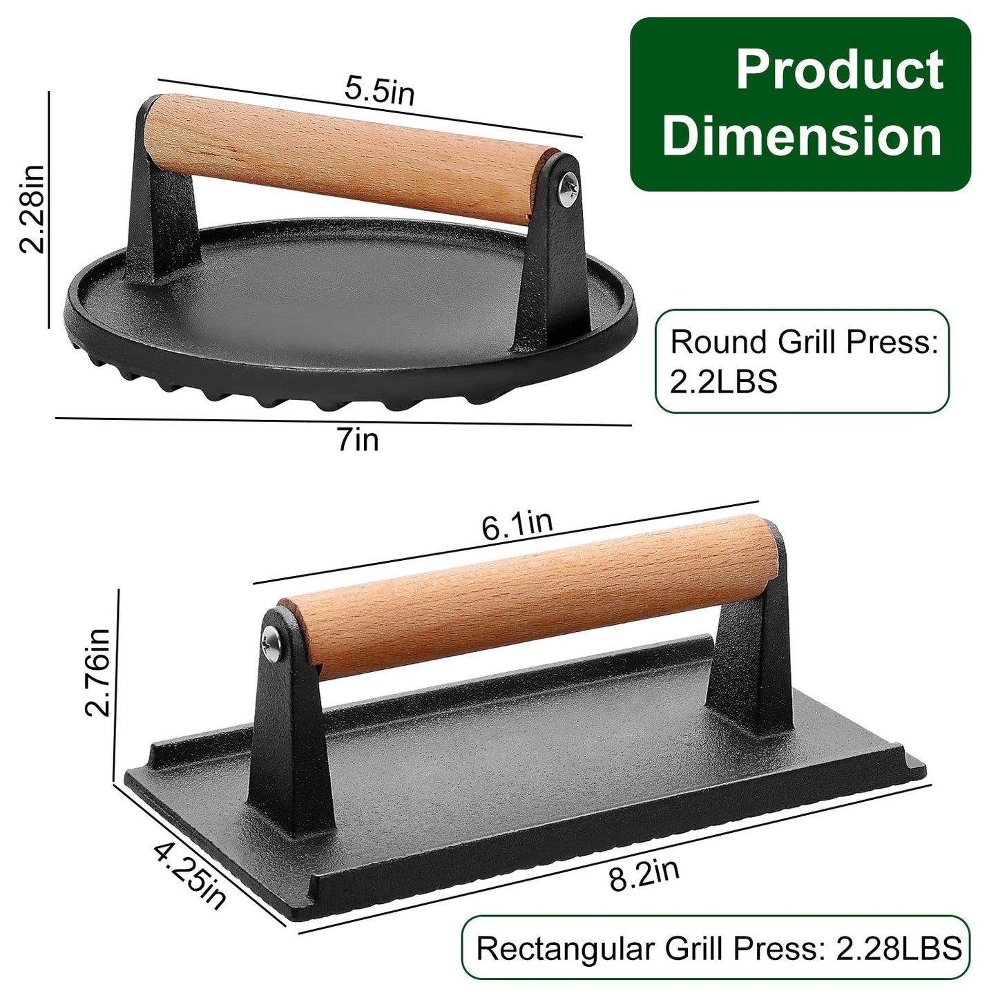 2Pcs Cast Iron Grill-1Pc Rectangular & 1Pc Round Press Pre-Seasoned Steak Weights Smash Burger Press Bacon Meat Smasher With Wood Handle 7in Round & 8.2x4.25in Rectangular Grill Press