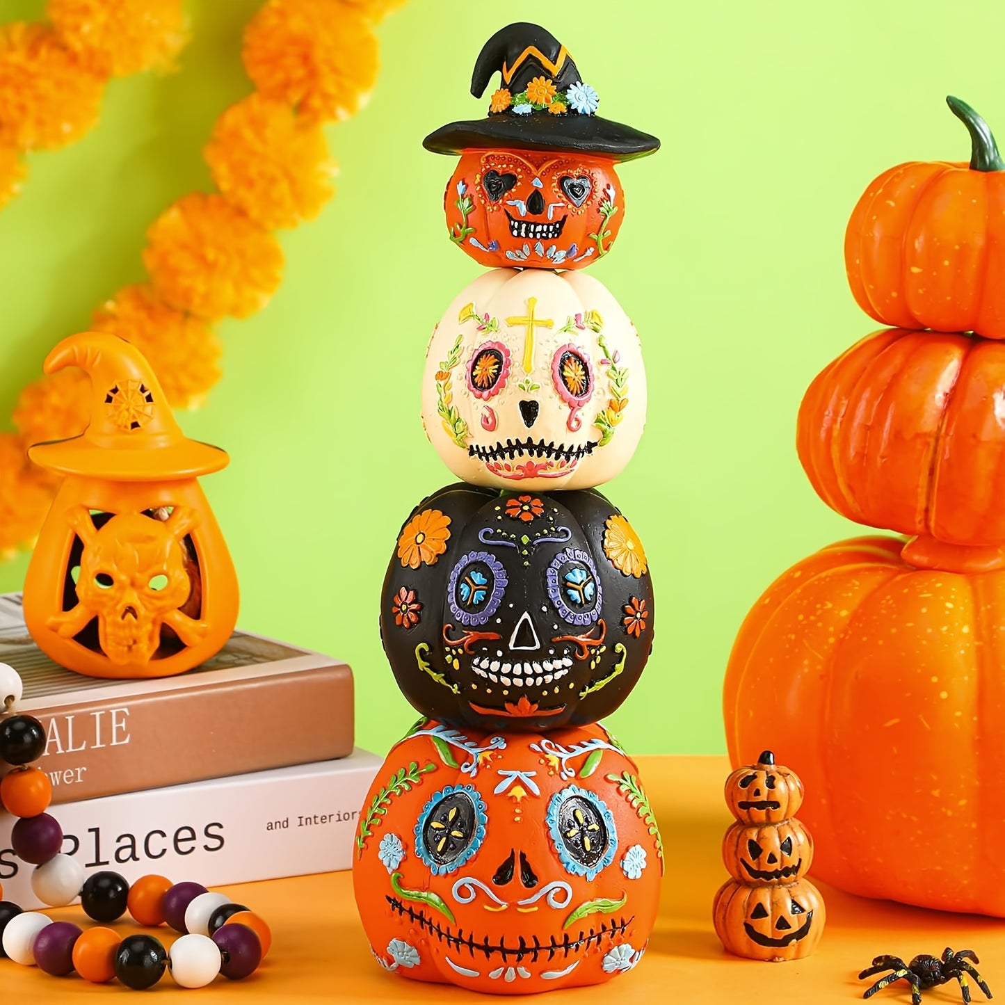 4pcs Halloween Decorations, Halloween Skull Pumpkin Statue Decorations, Pumpkin Halloween Decorations, Mexican Holiday Party Supplies