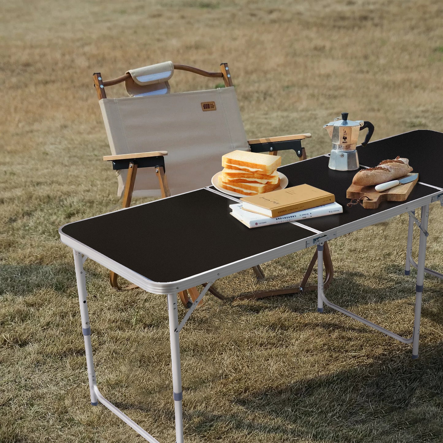6ft Black Outdoor Folding Table Aluminum Alloy Rectangular 50kg Tri-fold Tabletop