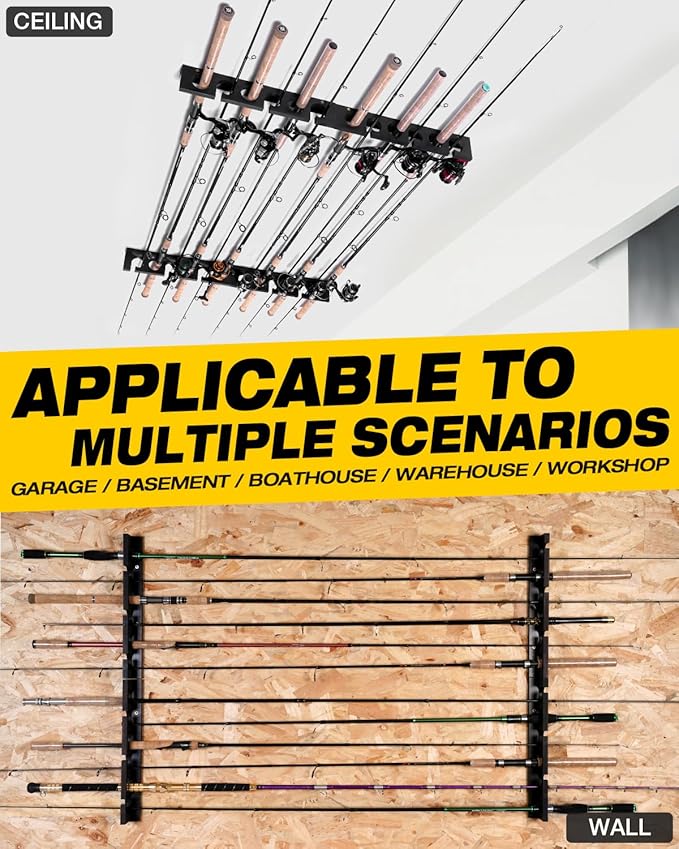 Ghosthorn Fishing Pole Rod Racks Wall or Ceiling Mounted Fishing Pole Rod Holders for Garage Storage Organizer Fishing Gear Equipment for Men Women