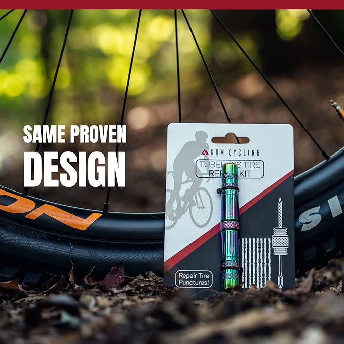 KOM Cycling Tubeless Tire Repair Kit for Bikes 8 Colors! Fixes Mountain Bike and Road Bicycle Tire Punctures – Includes Tire Repair Fork Reamer, 8 Bacon Strips. Tubeless Bike Repair Kit