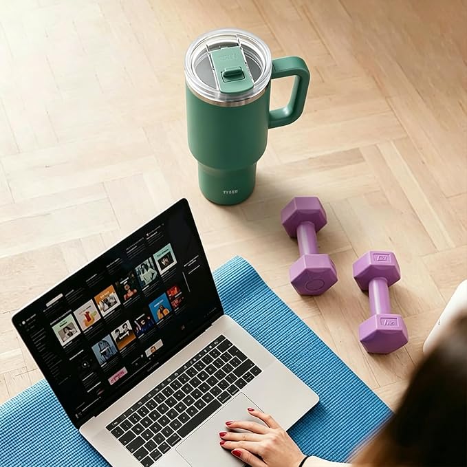 TYESO Vacuum Insulated Tumbler Water Bottle Cold Insulation Stainless Steel Bottle Straw Handle Mug Double Wall Wide Mouth (DARK GREEN, 40 oz)