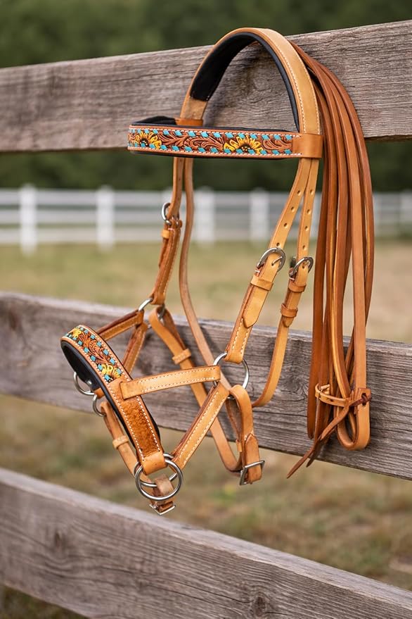 Horse Western Leather Sunflower Bitless Sidepull Bridle Split Reins 77RS27TN