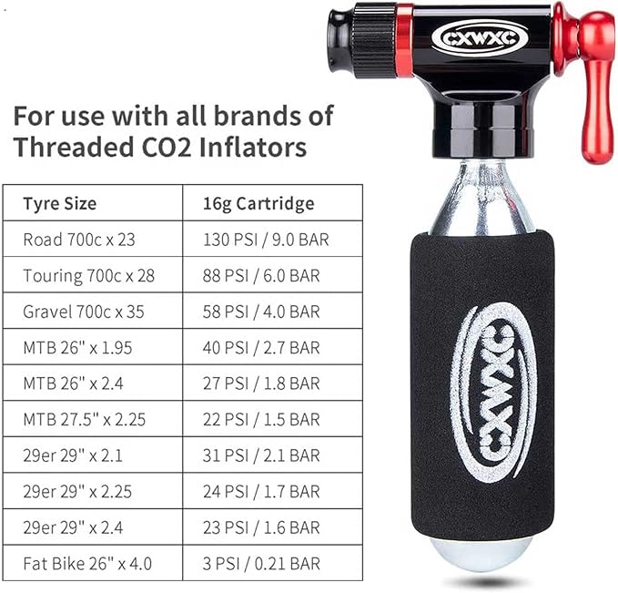 CO2 Inflator Kit with 5 X 16g CO2 Threaded Cartridges- Presta & Schrader Valve Compatible -Portable CO2 Bike Tire Pump Come with Glueles Repair Kit for Road & Mountain Bike