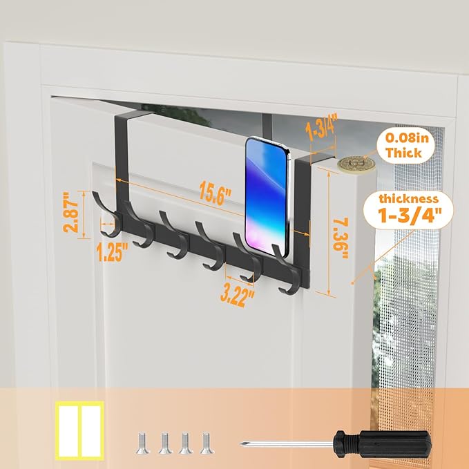 Over The Door Hooks, Sturdy Door Hanger, Large Over The Door Towel Rack with 12 Hooks, Heavy Duty Easy to Install, for Bathroom, Bedroom,Kitchen,Hanging Towels, Coats (Black).