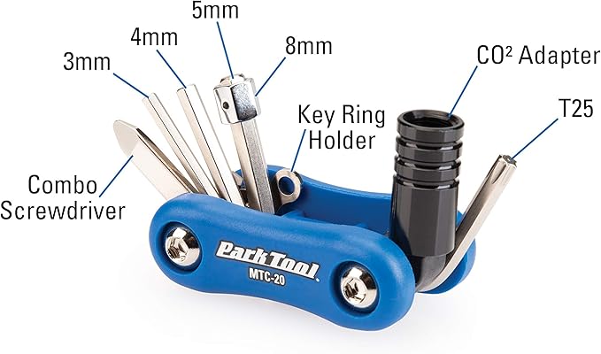 Park Tool MTC-20 Bicycle Multi-Tool with 3, 4, 5 & 8mm Hex Wrenches, T25, Screwdriver & CO₂ Inflator Adapter