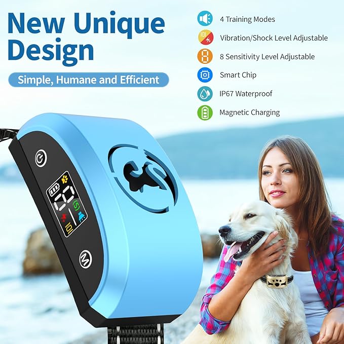 Anti-Bark Collar for Medium Large Dogs, Anti Barking Dog Collars Device with 8 Sensitivities, 4 Adjustable Modes Beep & Vibration, IP67 Waterproof Training Collar for Dogs 15-120lbs Outdoor Home, Blue