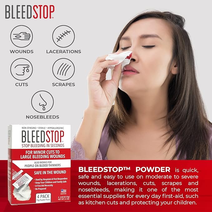 BleedStop™ 止血ファーストエイドパウダー、外傷キット、血液希釈剤服用患者、キャンプの安全性、中度から重度の出血創傷または鼻血用のサバイバル用品 – パウチ2個(20g)