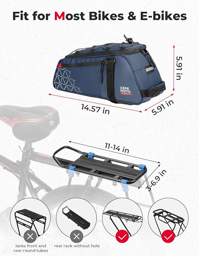 KEMIMOTO Rear Bike Rack Bag - 8L PVC Water Resistant Ebike Bags for Bicycle Rear Rack, Bicycle Trunk Pannier for Commuter Travel Shopping and Cycling (Blue)