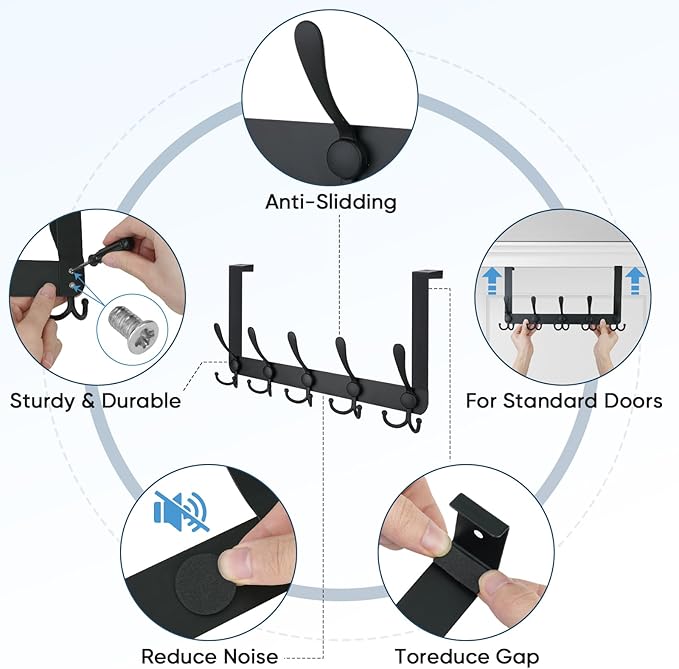 TICONN Over The Door Hooks, 5 Heavy Duty Tri Coat Rack All Metal Coat Hanger for Bathroom Bedroom Dorm (Matte Black, 2PK, Fit 1-3/4" Doors)