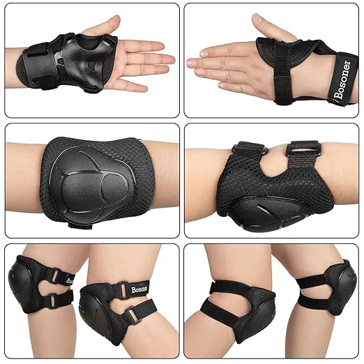 BOSONER Basic Kids Protective Gear: Kids Knee Pads and Elbow Pads with Wrist Guards Set for 3-15 Years - Design for Roller Skates, Cycling, BMX Bike, Skateboard, Inline Skating, Scooter Riding Sports