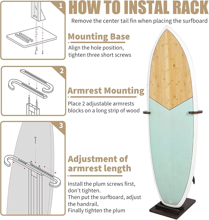 Surfboard Stand Racks, Sturdy Surfboard Racks Standing with Floor-Standing Design,Stand Shortboard and Longboard Organizer, Beech Wood, Coffee, 1PCS