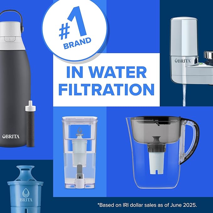 ブリタ ステンレス製プレミアム浄水ボトル、BPAフリー、再利用可能、保冷保温、プラスチックボトル300本分、フィルター寿命2ヶ月または40ガロン、フィルター1個付き、カーボン - 20オンス