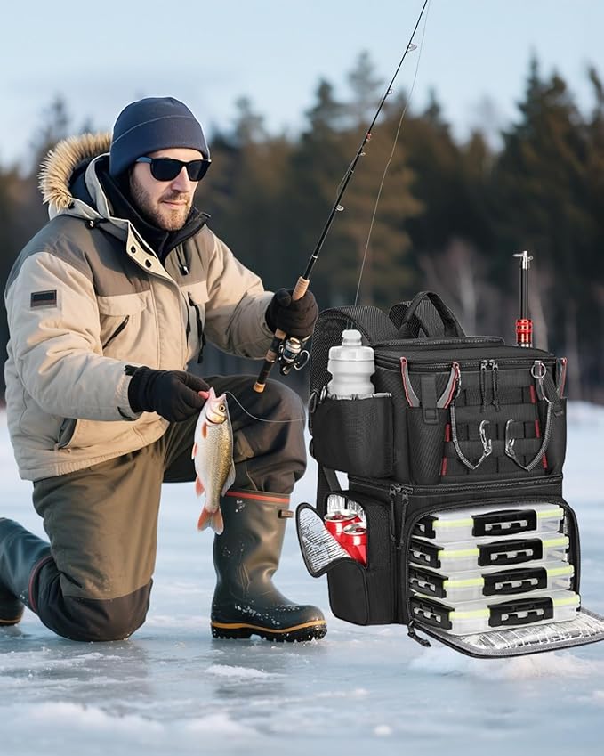 MATEIN Fishing Backpack with 4 Tackle Boxes, Fishing Bag with Rod Holder & Safety Compass & Cooler, Gifts for Fishermen