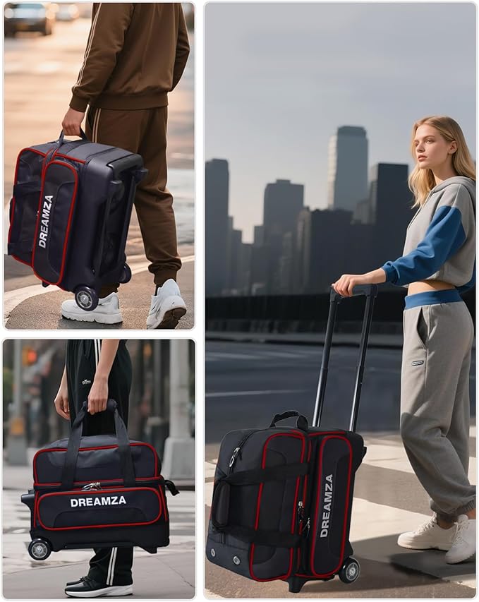 2 Ball Bowling Bag with Wheels, Double Bowling Ball Bag 2 Ball Roller w/Separate Compartment for Shoes Up to US Mens Size 16, w/Retractable Handle Extends to 40" & Accessories Pocket