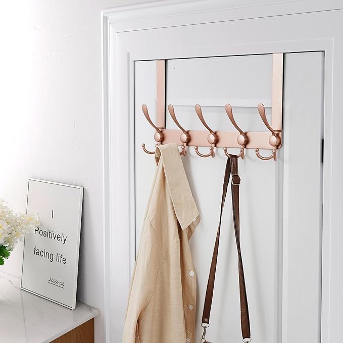 Dseap Over The Door Hook Hanger - Fits 1 3/8" to 1 3/4" Standard Doors | 5 Tri Hooks Heavy Duty Towel/Coat Rack | Door Organizer for Clothes, Jackets, Hats, Towels, Rose Gold, Pack of 2