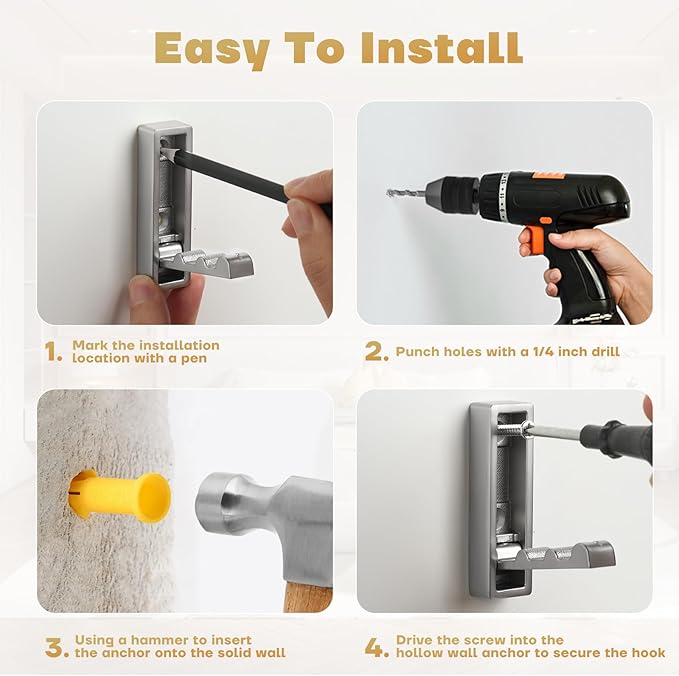 Folding Wall Hook, 4Pcs Foldable Coat Hooks Mounted, Heavy Duty Zinc Alloy No Rust Fold Up Hooks for Hanging Coat, Towel, Key, Hat, Bag, Jacket, Backpack (Brushed Nickel)