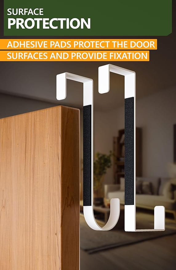Over the Door Hooks 5 Pack - White Coat Hanger x 4 & 2-Sided Wreath Hanger x 1 Set, Towel Holder for Door Width up to 1 3/8", Hooks for Hanging with Anti-Scratch Pads & Removable Non-Slip Dots