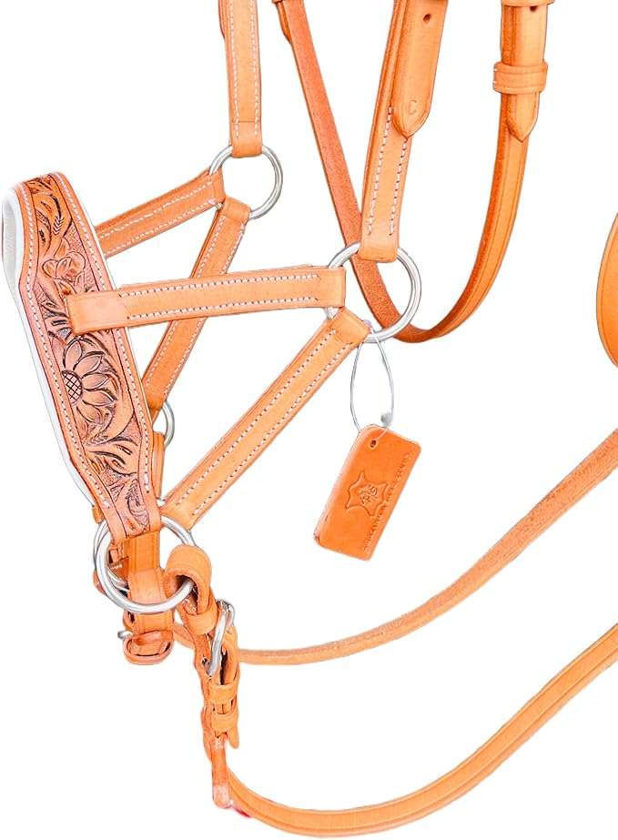 Natural Toned Leather Sidepull Bitless Bridle with White Cow Soft Leather Padding | Full Leather reins | (Natural, Full)