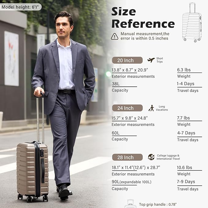 Coolife Carry On Luggage Airline Approved with Spinner Wheels, Hard Shell Suitcase TSA Lock Lightweight Travel Luggage 20-inch,Brown