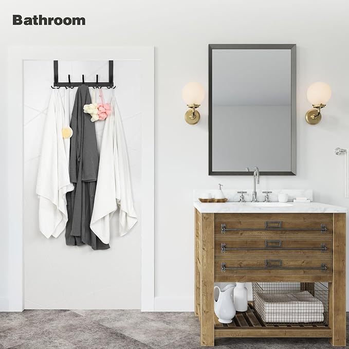 Over The Door Hooks for Hanging, Over The Door Hanger, Over The Door Towel Rack for Bathroom with 5 Triple Coat Hooks, Bathroom Towel Holder Towels Hanger (Black, 1 Pack)