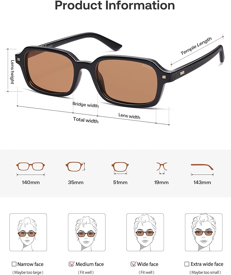 SOJOS Trendy Rectangle Polarized Sunglasses Womens Mens, Small Retro Fashion Thin Slim Square Sunnies SJ2610