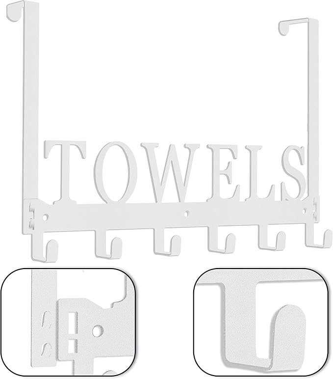 Over The Door Rack, Towel Hooks for Bathroom, Bath Towel Holder Door Mount Metal Towel Hanger for Bedroom Kitchen Pool Beach Towels Bathrobe Wall Mount Towel Rack for Bathrooms (6 Hooks, White)