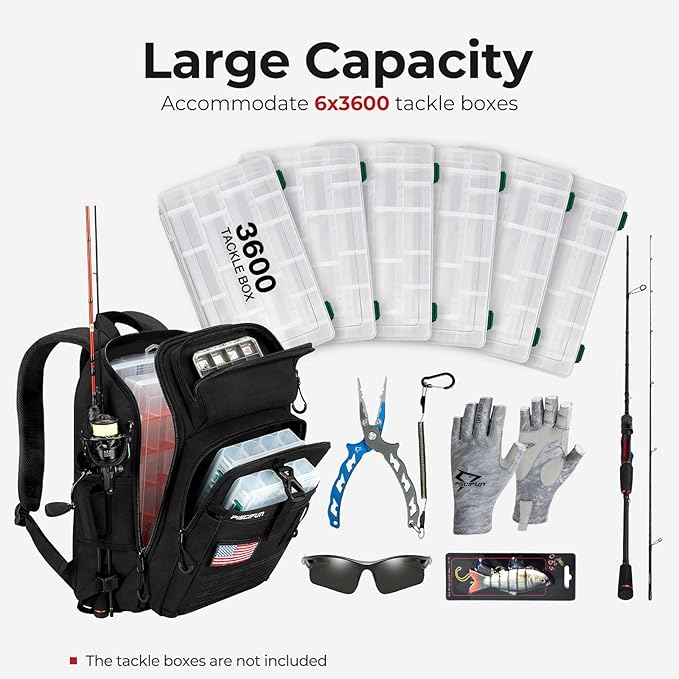 Piscifun Fishing Tackle Backpack with Rod & Gear Holder, Lightweight Fishing Tackle Storage Bag with Protective Rain Cover