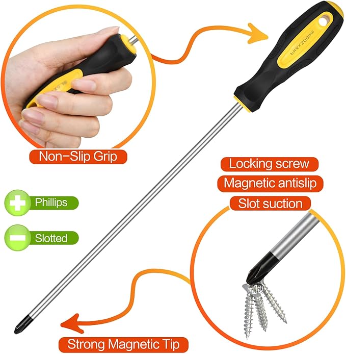 2pcs Long Magnetic Screwdriver Set, 12in Extra Long Phillips and Slotted Screwdriver, with Non-Slip Cushioned Handle Grip